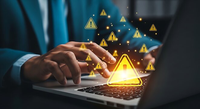 Man in blue suit with hands on laptop keyboard surrounded by yellow warning signs