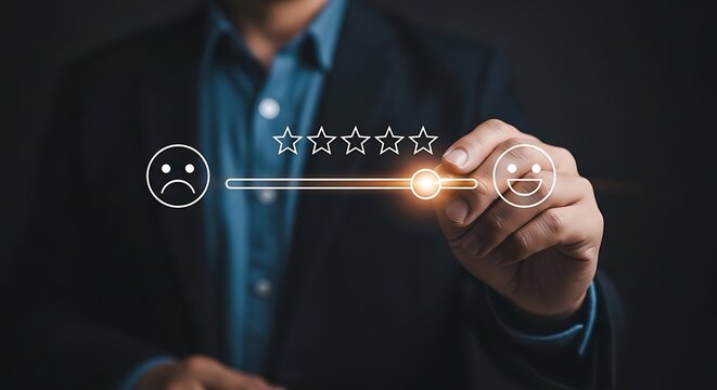 Man in suit adjusting rating slider from sad to happy face feedback