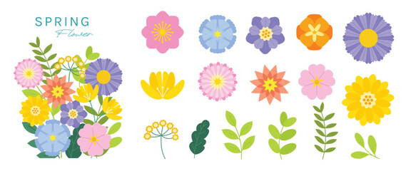 Spring flower vector set with colorful floral elements, leaves and bouquet corner arrangement. Pastel botanical collection for greeting cards, invitations, posters and seasonal design. © TWINS DESIGN STUDIO
