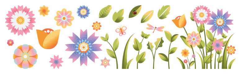 Spring flower vector set with colorful floral elements, leaves and bouquet corner arrangement. Pastel botanical collection for greeting cards, invitations, posters and seasonal design. © TWINS DESIGN STUDIO