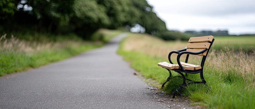 Wooden bench beside asphalt road with green grass and trees on a sunny day captured with a 35mm lens at f2