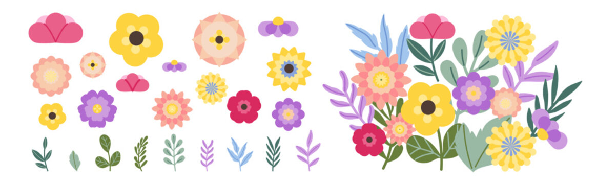 Spring flower vector set with colorful floral elements, leaves and bouquet corner arrangement. Pastel botanical collection for greeting cards, invitations, posters and seasonal design.