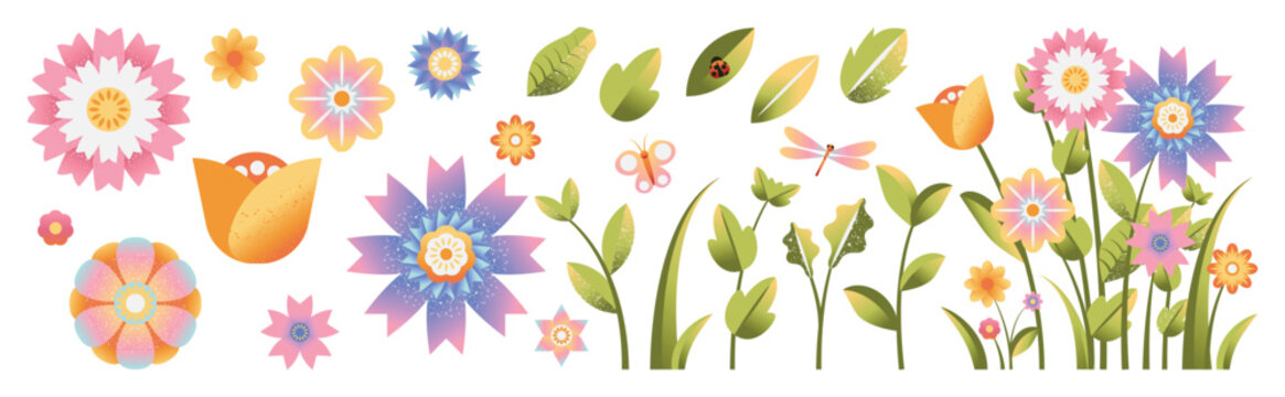 Spring flower vector set with colorful floral elements, leaves and bouquet corner arrangement. Pastel botanical collection for greeting cards, invitations, posters and seasonal design.