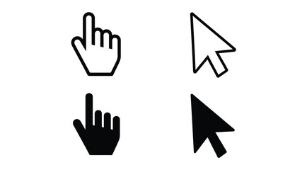 Fototapeta premium Collection of four cursor icons: hand pointer and arrow in outline and solid fill.
