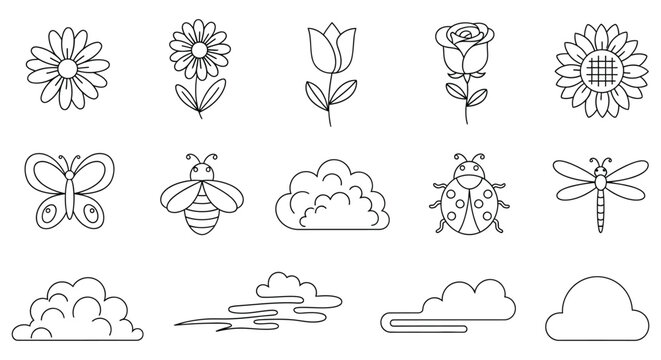 A collection of flowers insects and clouds isolated on white background, Vector, illustration