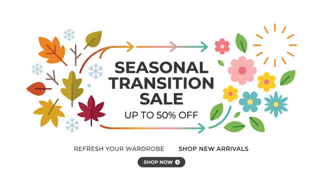 Seasonal Transition Sale Banner with Leaves and Flowers