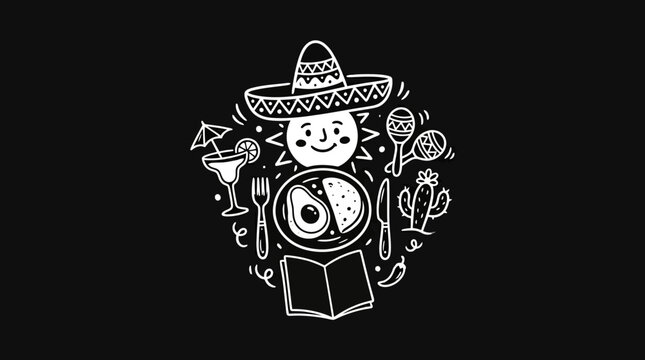 Mexican Food and Sun Icon on Black Background