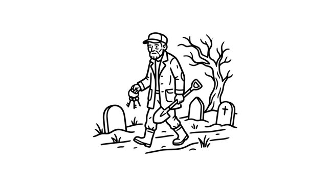 Old Gravedigger Walking Through Cemetery