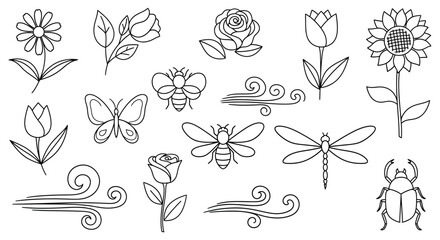 A collection of flowers insects and butterflies isolated on white background, Vector, illustration © JAHIDUL STOCK