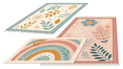 Obraz premium Cozy textile floor mat collection with floral and rainbow designs in pastel colors