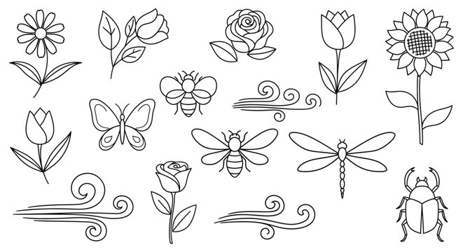 A collection of flowers insects and butterflies isolated on white background, Vector, illustration