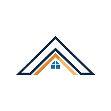 A stylized graphic of a house with layered triangular roofs and a window