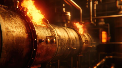 Industrial pipeline featuring intense flames escaping from its surface, creating a fiery atmosphere in a dark, grimy factory interior, suggesting a hazardous and powerful operation