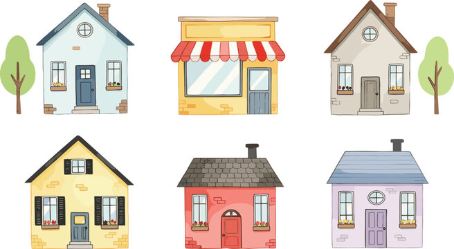 Cartoon building illustration set, houses and shop design, pastel colors, whimsical architecture, flower box windows, urban neighborhood artwork, playful style