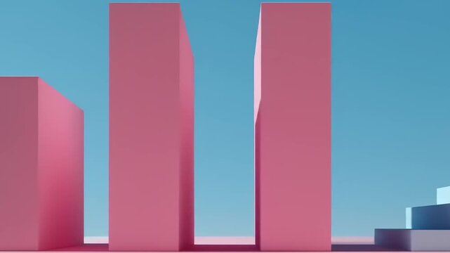 Ascending geometric steps and rectangular prisms with contrasting pink and cyan lighting