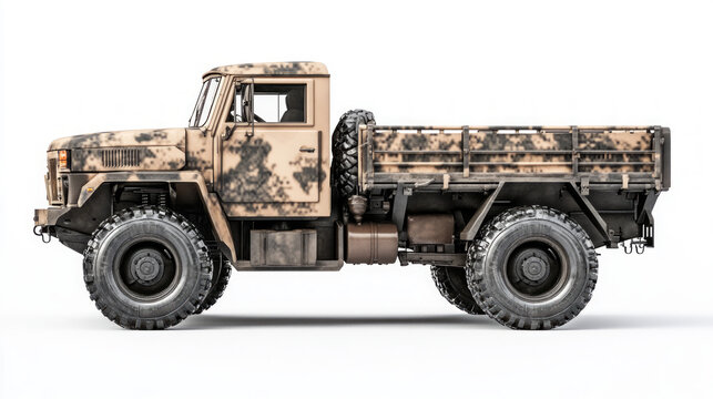Powerful  truck parked on white background, exhibiting camouflage pattern