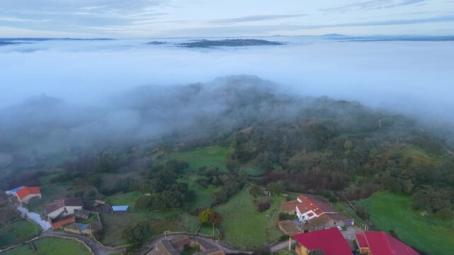 Aerial view from a drone of the area surrounding the village of M&aacute;moles in the Sayago region. Arribes del Duero Natural Park. Province of Zamora. Castile and Le&oacute;n. Spain. Europe