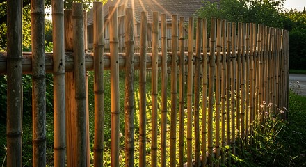 Obraz premium Golden hour light filters through a rustic bamboo fence, casting long shadows and highlighting the natural texture, evoking a sense of calm and natural beauty