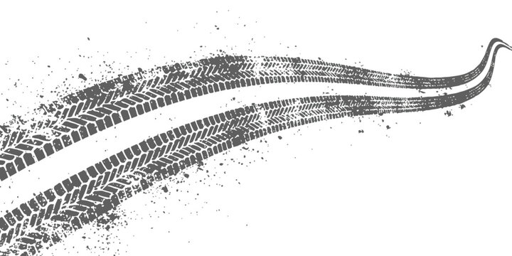 Dark grey tire tracks with dirt splatter on a clean white background for automotive design usage