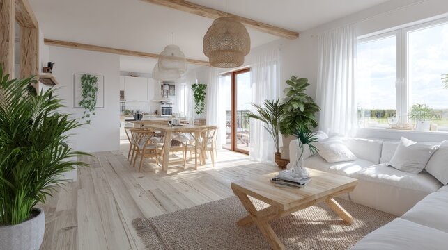Open concept living and dining area features natural wood accents and abundant natural light