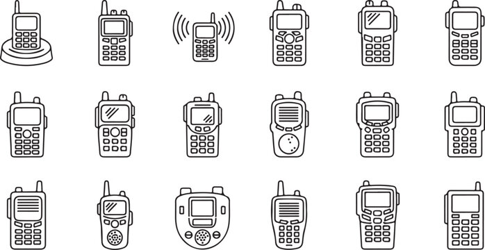 Portable radio transceiver and walkie talkie icons for wireless communication and security personnel representing professional equipment.