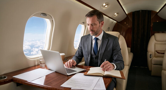 Focused businessman working on a laptop while flying in a private jet.