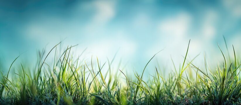 Fresh green grass blades grow against a soft blue sky with sunlit haze