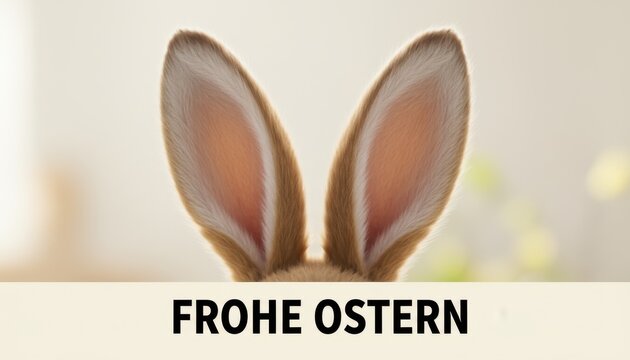 Brown rabbit ears peeking over a cream background, with frohe ostern text