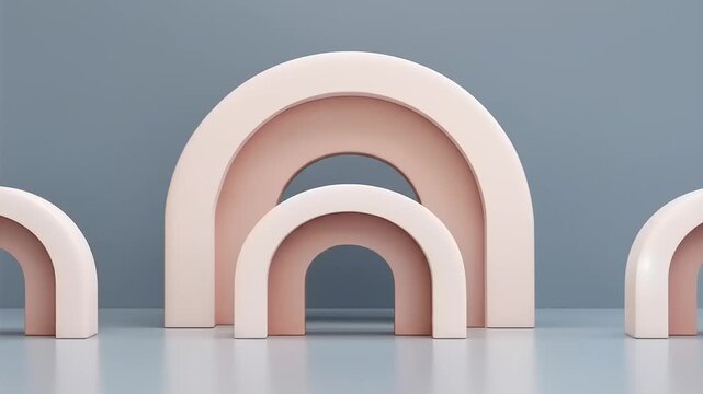 Three nested arch shapes in soft blush and pale cream tones against blue background