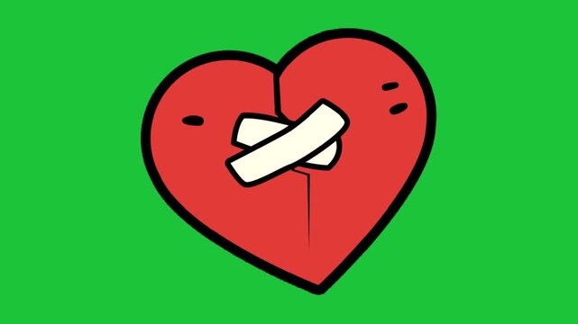 Broken heart with bandage animation on green background love healing concept simple emotional design style