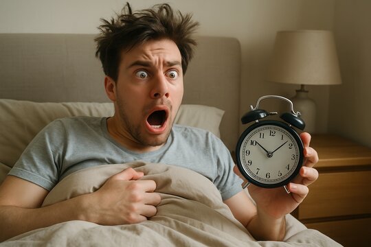 Shocked man waking up late looking at alarm clock in bed