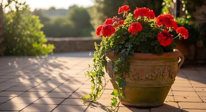 Vibrant red geraniums and trailing greenery in a rustic terracotta pot, beautifully bathed in warm golden sunlight on a tranquil paved patio, evoking a serene Mediterranean garden
