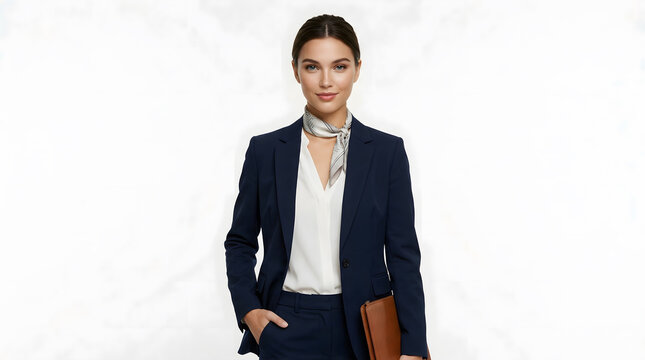 Confident Professional Businesswoman in Navy Suit Holding Folder