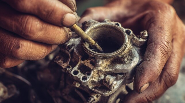 hands repairing old carburetor with visible wear and dirt, macro shot, natural light, imperfect textures, shallow depth of field, realistic metal