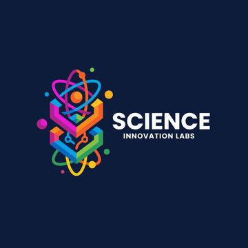 A vibrant logo designed for a science innovation lab, showcasing elements of science like atoms and molecules, representing creativity and advancement in research and technologies.