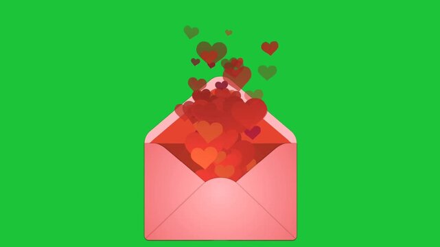romantic envelope opening with floating hearts animation on green background love message concept bright vivid