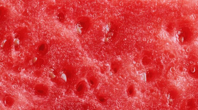 Hyper realistic watermelon flesh macro texture, juicy fibers and seeds visible, vibrant red color with natural gradient, fresh wet surface, flat