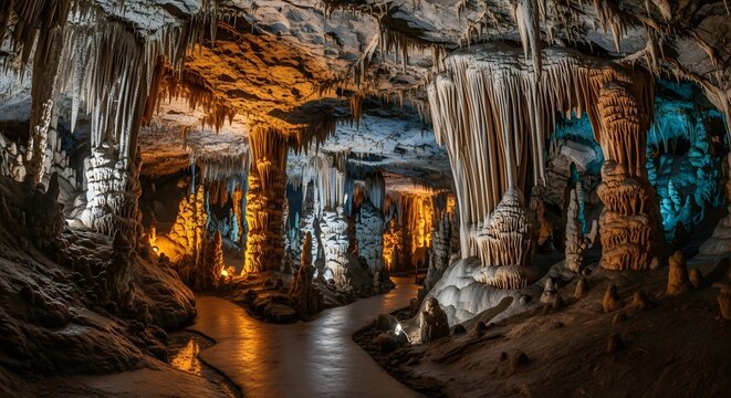 Magnificent illuminated underground cave with vast stalactite and stalagmite formations and winding tourist paths.