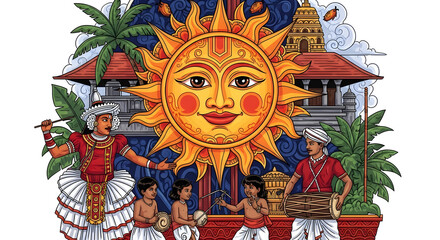 Obraz na płótnie Canvas Vibrant Digital Painting of a Stylized Sun with Traditional Face for Sri Lankan Sinhala New Year Festival, Golden Artistic Solar Illustration Representing Cultural Prosperity and Celebration