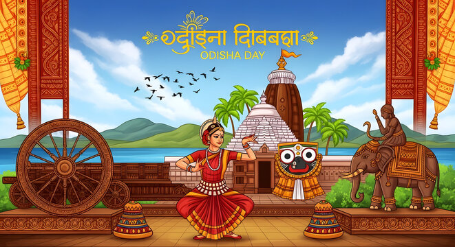 Vibrant Digital Painting for Odisha Day Utkala Dibasa Celebration Showcasing Traditional Folk Art Heritage Cultural Symbolism and Regional Pride with Rich Colors and Ethnic Design Patterns
