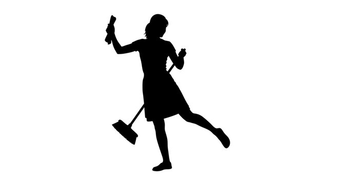 Silhouette of a woman in a dress holding a cleaning spray bottle and a broom, dancing while cleaning.