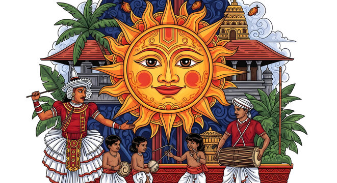 Vibrant Digital Painting of a Stylized Sun with Traditional Face for Sri Lankan Sinhala New Year Festival, Golden Artistic Solar Illustration Representing Cultural Prosperity and Celebration