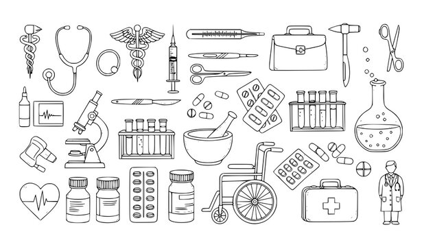Hand drawn healthcare doodle vector set with medical tools medicines doctor and laboratory equipment illustration
