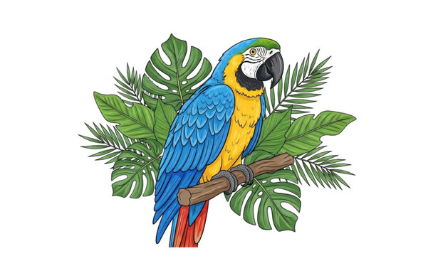 Tropical blue macaw parrot vector illustration perched on leafy branch isolated on white background