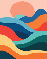 Abstract rolling hills landscape with sun, vibrant colorful wavy layers, modern minimalist vector illustration for background © Vooglo.com