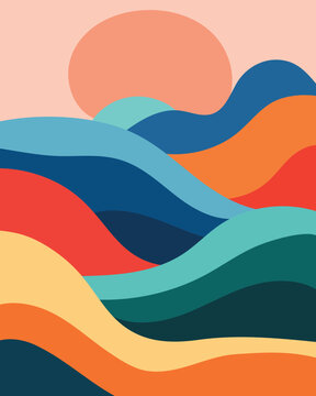 Abstract rolling hills landscape with sun, vibrant colorful wavy layers, modern minimalist vector illustration for background