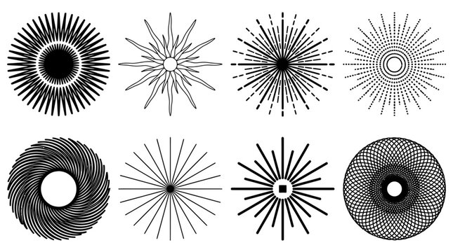 Eight symmetrical radial mandala designs with intricate spirograph lines, showcasing mathematical repetition, balance, and artistic geometric harmony.