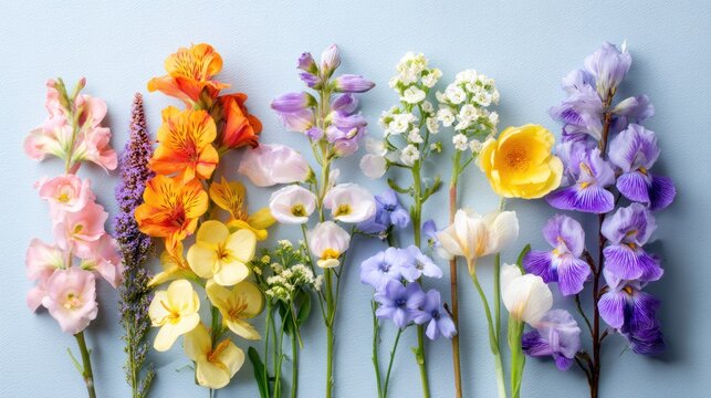 Assorted colorful fresh blossoms are arranged diagonally against a pale blue surface