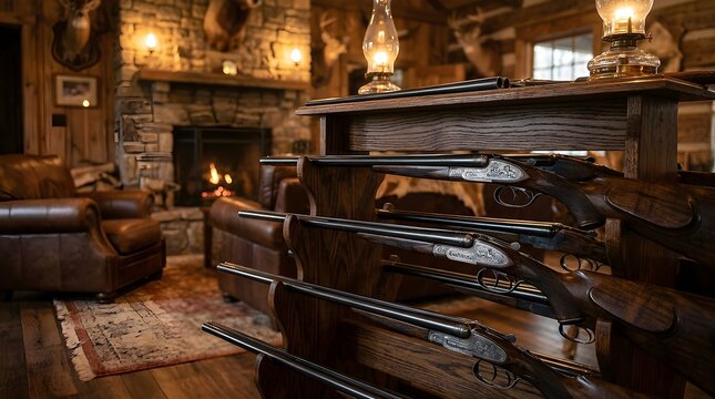 Antique engraved shotguns collection showcased on a wooden rack in a rustic lodge interior with a fireplace