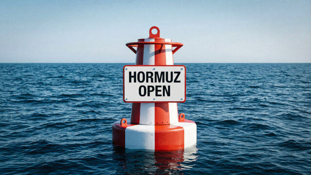 Sign floating in the water marking the Hormuz Strait open for shipping access